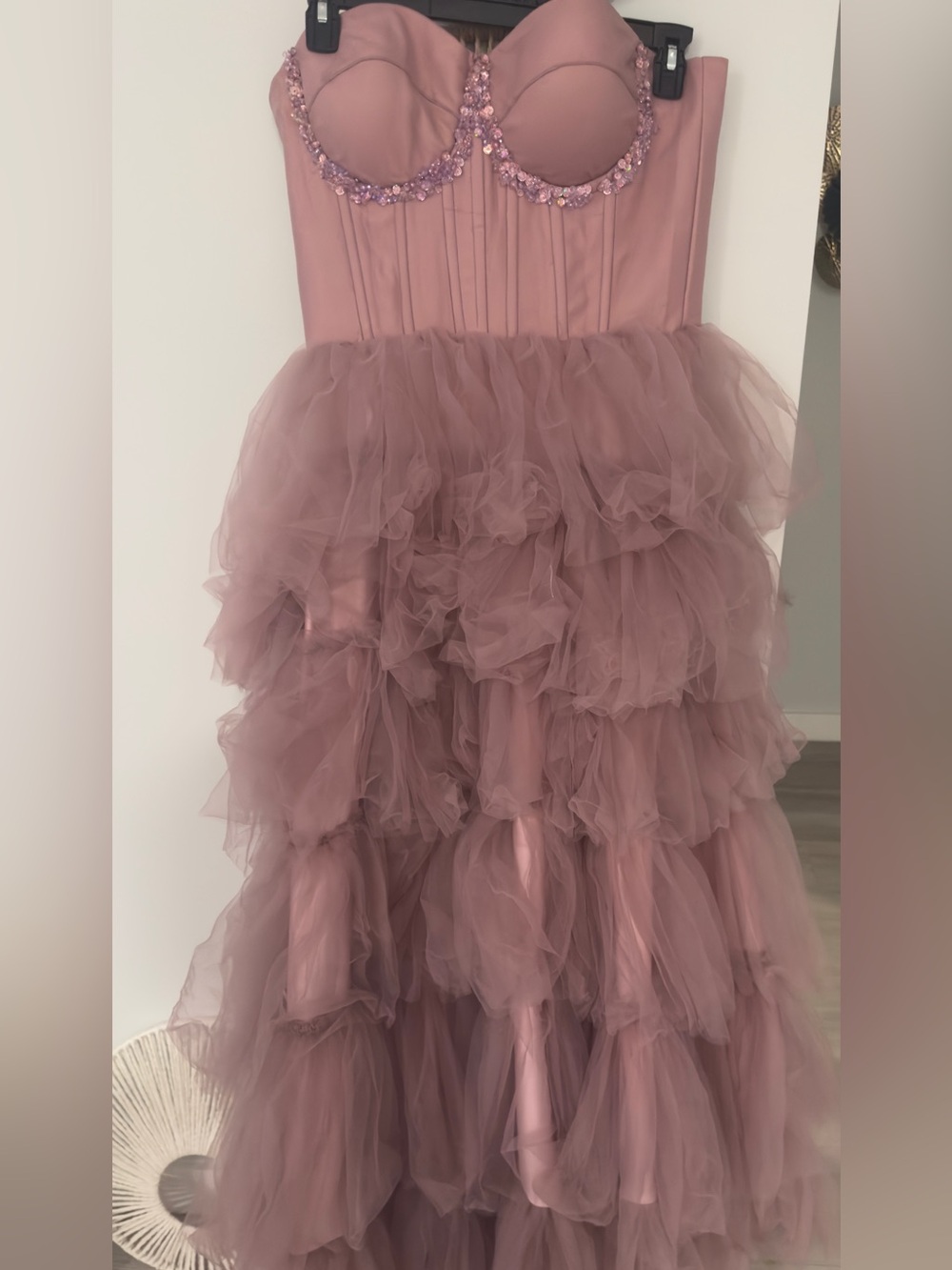 Ladies Dusty Rose layered Tulle Ruffle Gown | Custom made , tailored